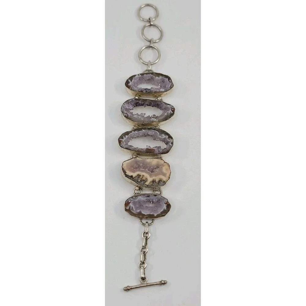 Sterling Silver 925 Purple Natural Geode Crystal Stone Bracelet